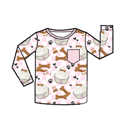 Berry Sweet Pup Cup Crewneck Pocket Tee Long Sleeve
